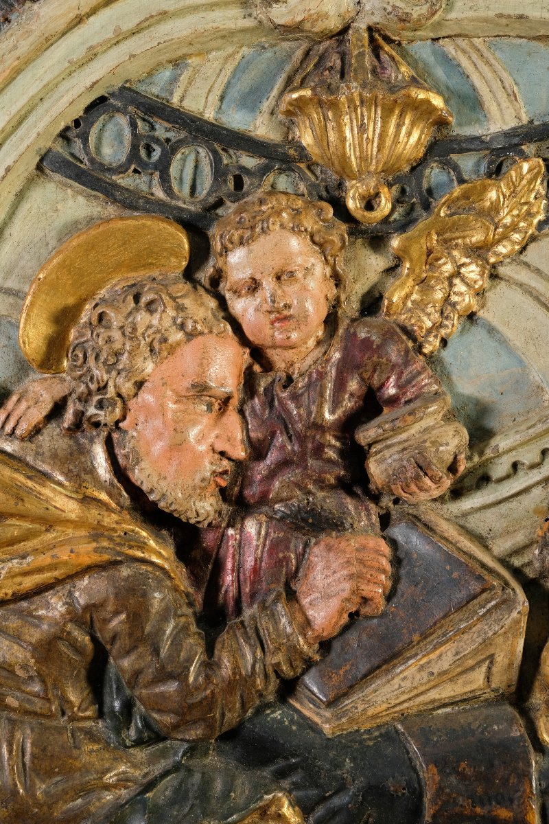 Paire de reliefs représentant saint Luc et saint Matthieu, en bois de peuplier, Italie-photo-4