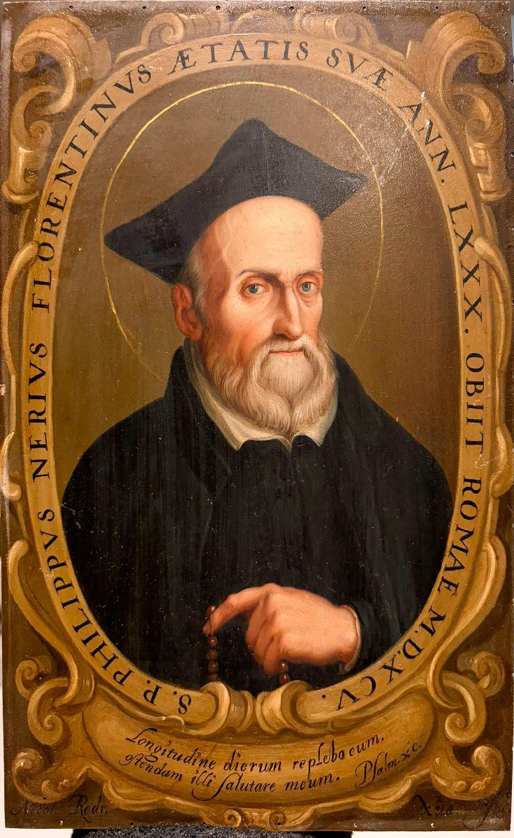 Saint Philippe Néri. Huile sur cuivre. Signée Nicolás Rodriguez Juárez (1667-1734)-photo-2