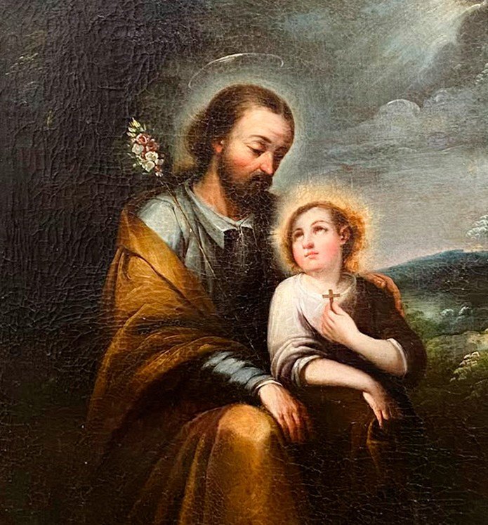 Saint Joseph With The Child, Oil On Canvas, Sevillian School, 17th Century-photo-2