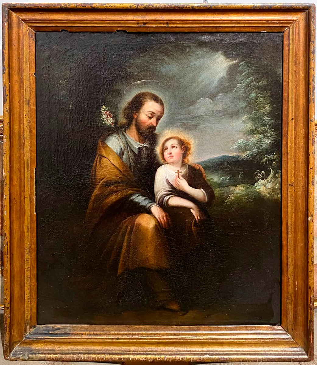 Saint Joseph With The Child, Oil On Canvas, Sevillian School, 17th Century