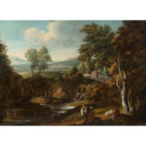 Paysage de la campagne romaine, huile sur toile, attribué à Gaspard Dughet, XVIIe siècle