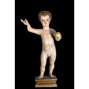 Enfant « Salvator Mundi », sculpture en bois sculpté, doré et polychrome, école castillane