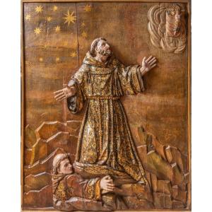 Relief l'imposition des stigmates du Christ à saint François école andalouse XVIIe siècle