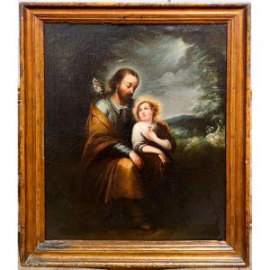 Saint Joseph avec l'Enfant, huile sur toile, école sévillane, XVIIe siècle