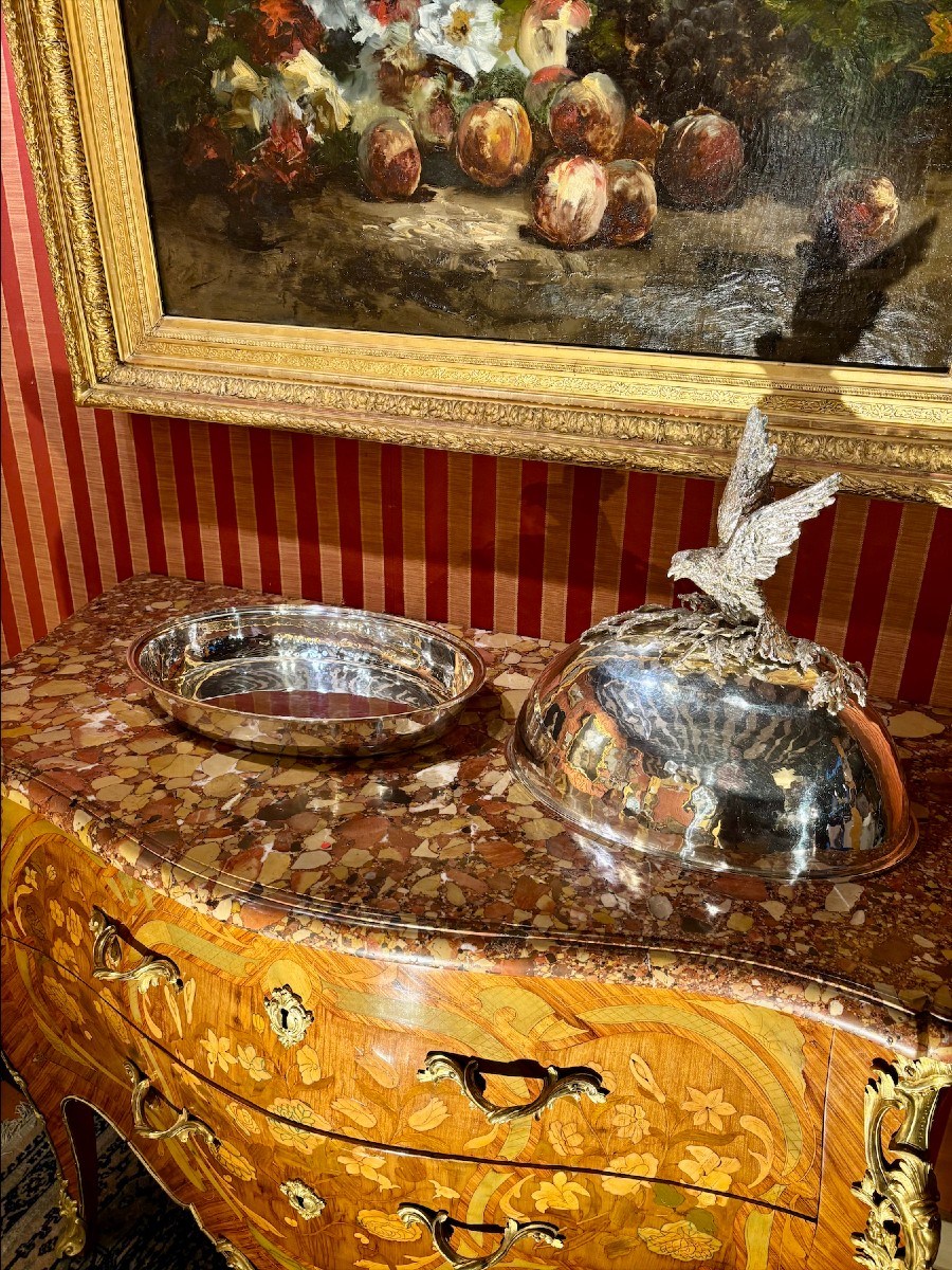 Franco Lapini - Large Oval Silver-plated Metal Dish With A Cloche, Depicting A Bird Of Prey With Outstretched Wings-photo-2