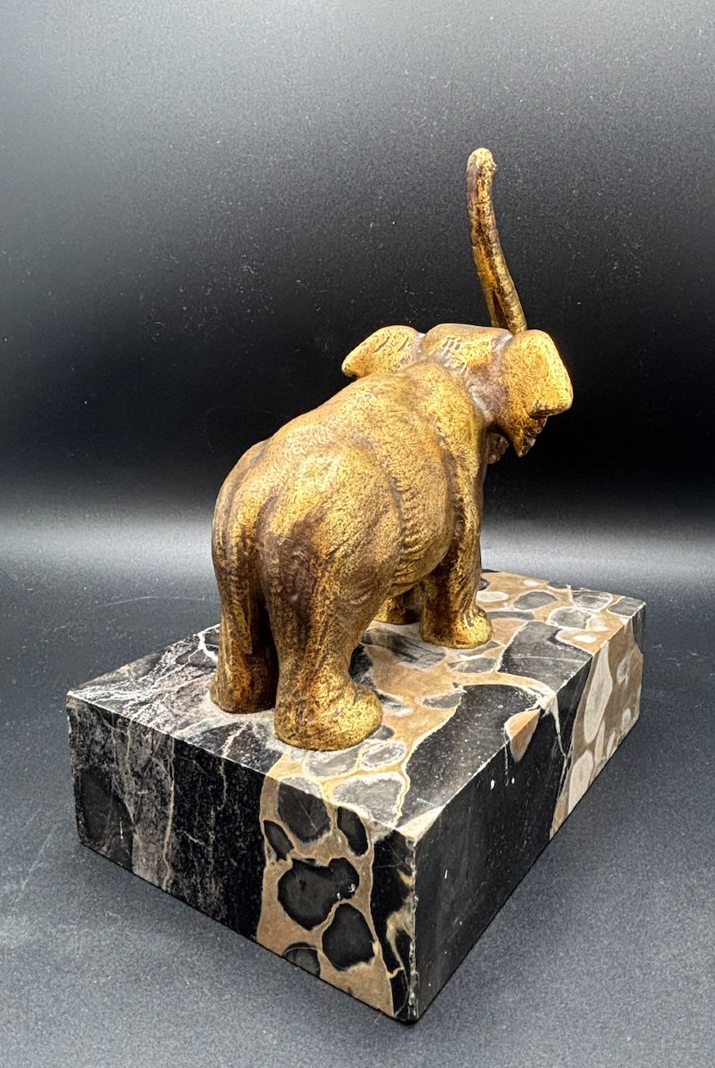 Paire de serre-livres “Éléphants” en bronze doré et marbre Ep début XXe-photo-3