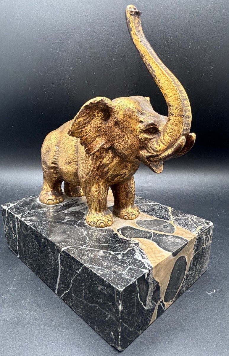 Paire de serre-livres “Éléphants” en bronze doré et marbre Ep début XXe-photo-5