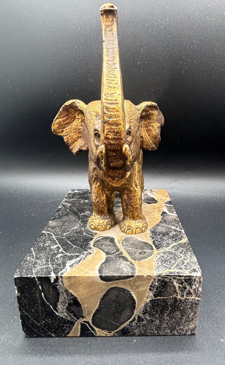 Paire de serre-livres “Éléphants” en bronze doré et marbre Ep début XXe-photo-6