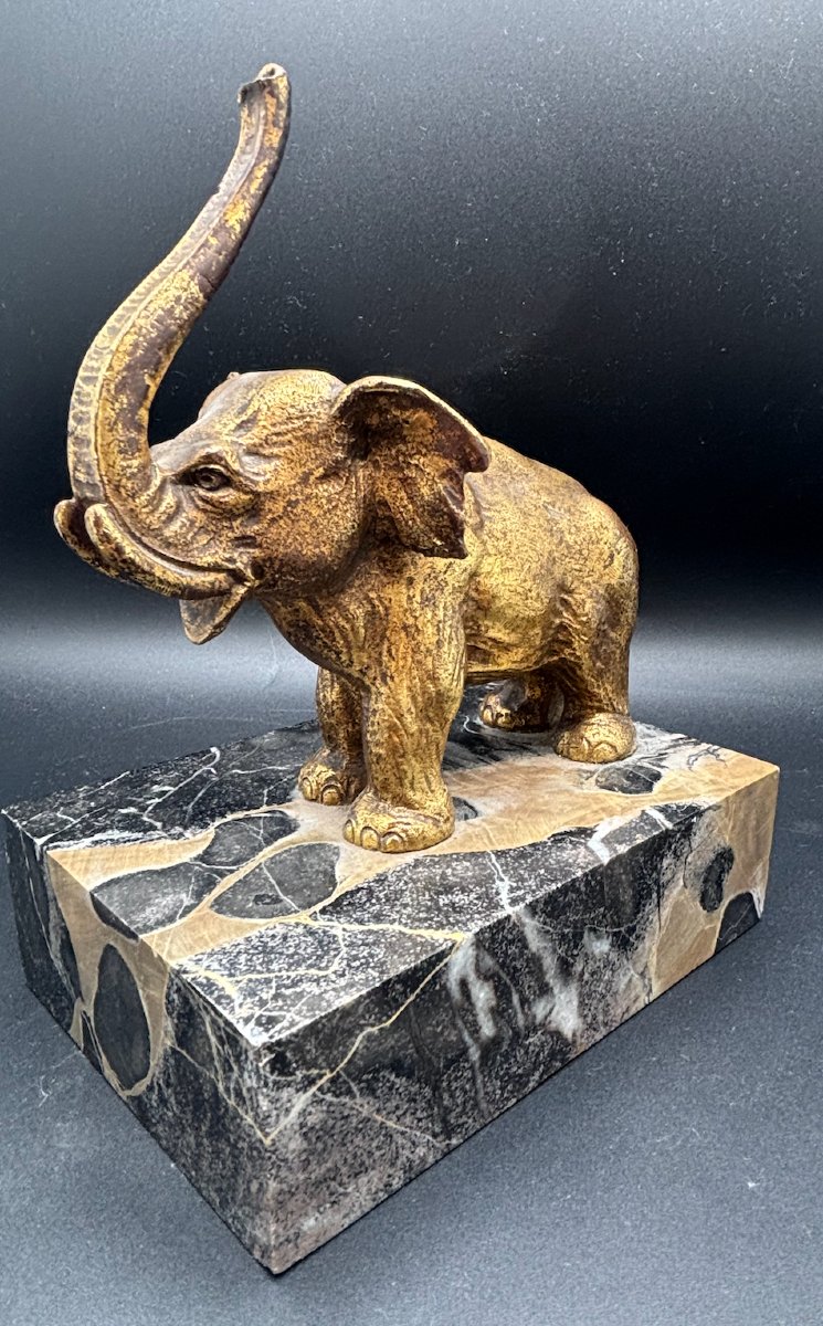 Paire de serre-livres “Éléphants” en bronze doré et marbre Ep début XXe-photo-7