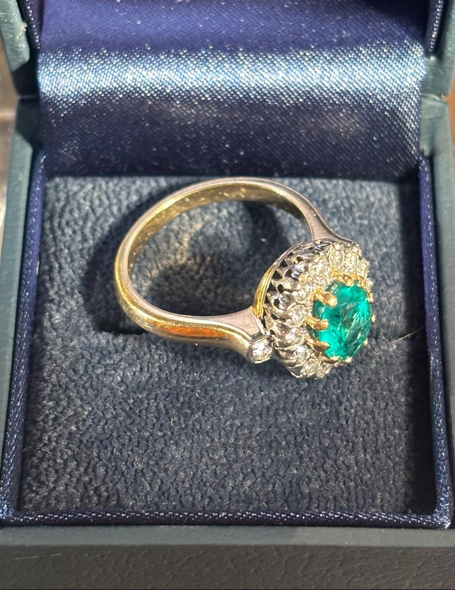 Bague marguerite émeraude et diamants, or 18k-photo-2