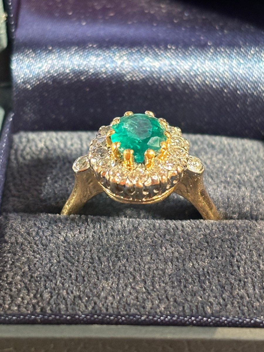 Bague marguerite émeraude et diamants, or 18k-photo-3