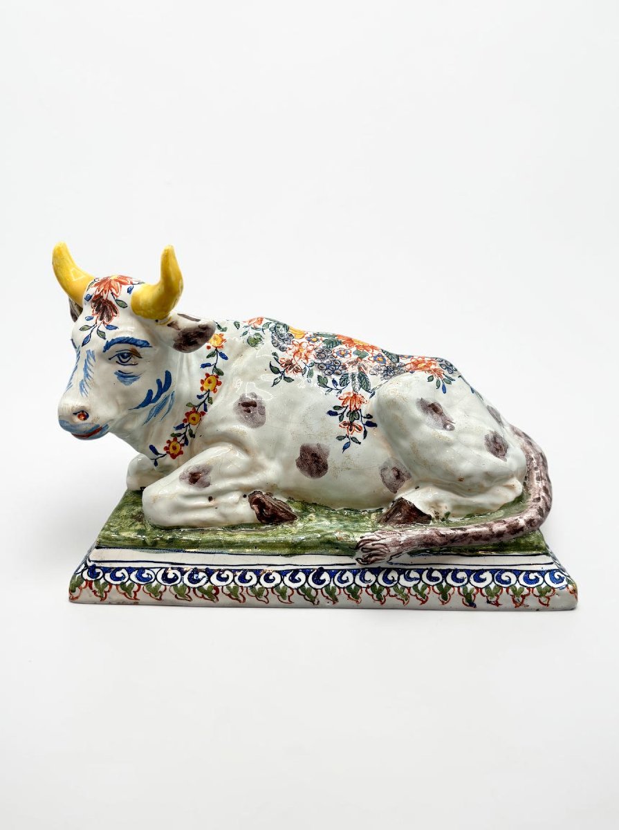 Pair Of Reclining Cows In Polychrome Delftware, Late 18th Century-photo-3