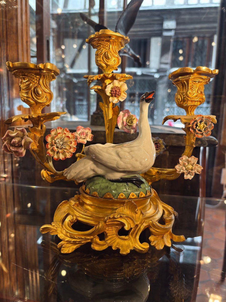 Pair Of Three-candle Candleholders With Swans-photo-2