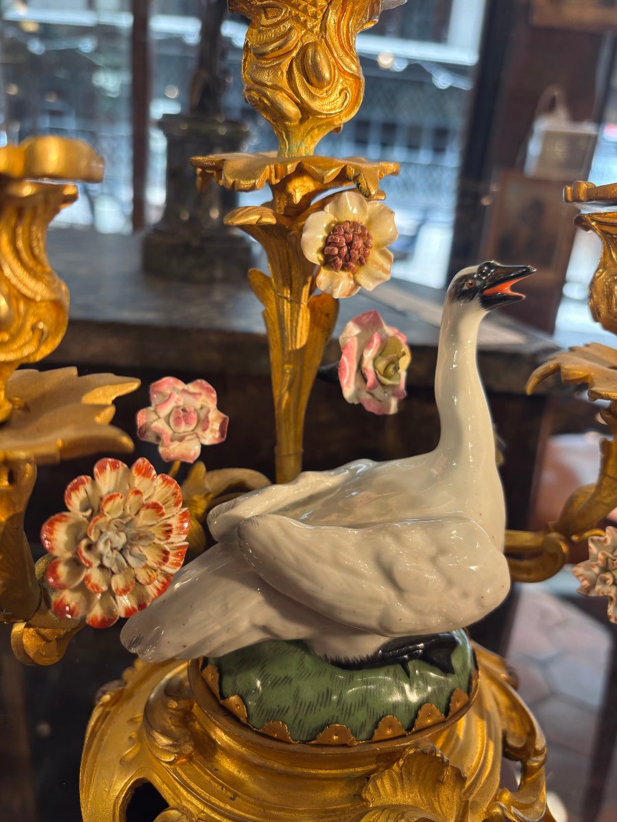Pair Of Three-candle Candleholders With Swans-photo-3