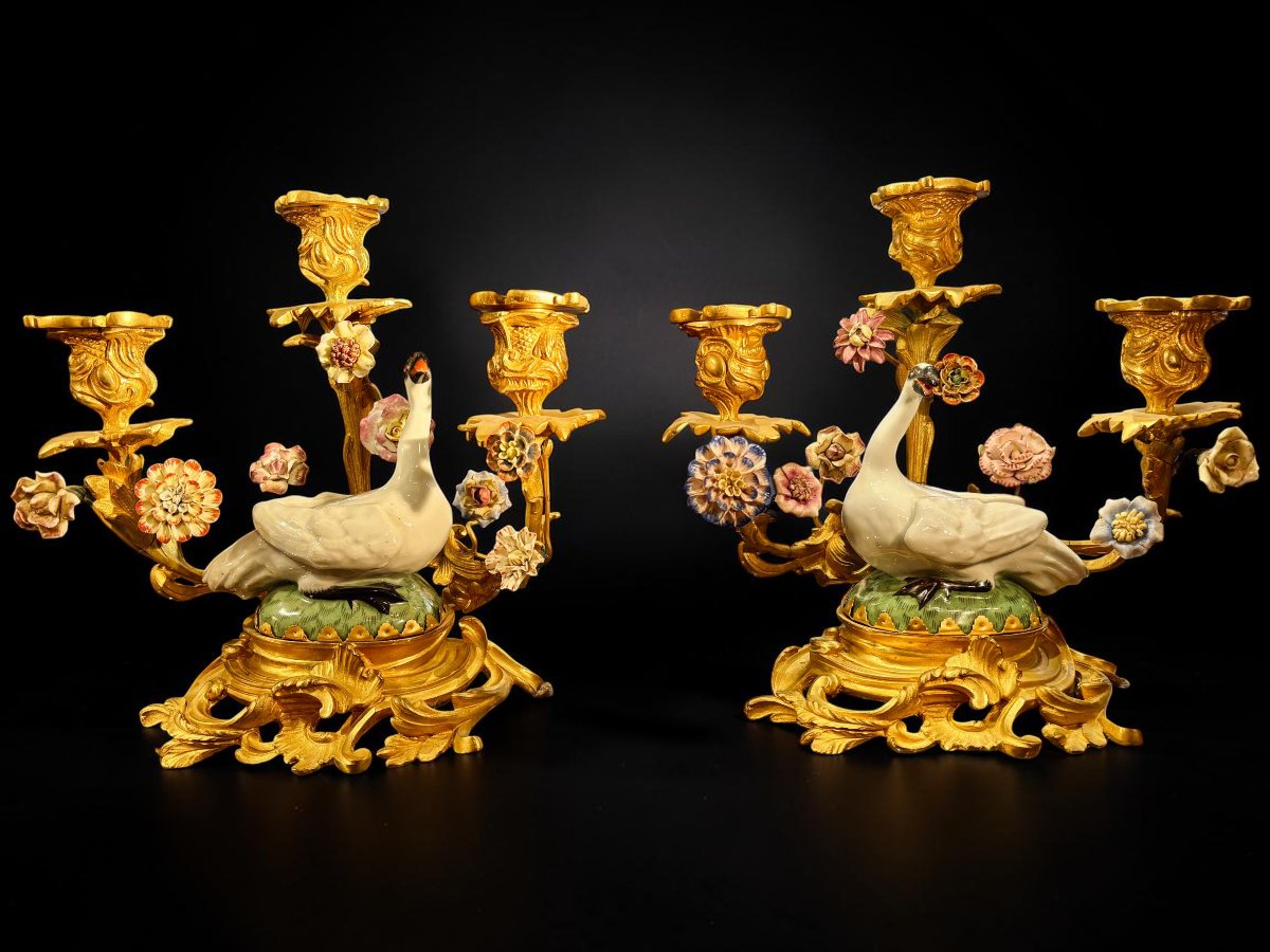 Pair Of Three-candle Candleholders With Swans