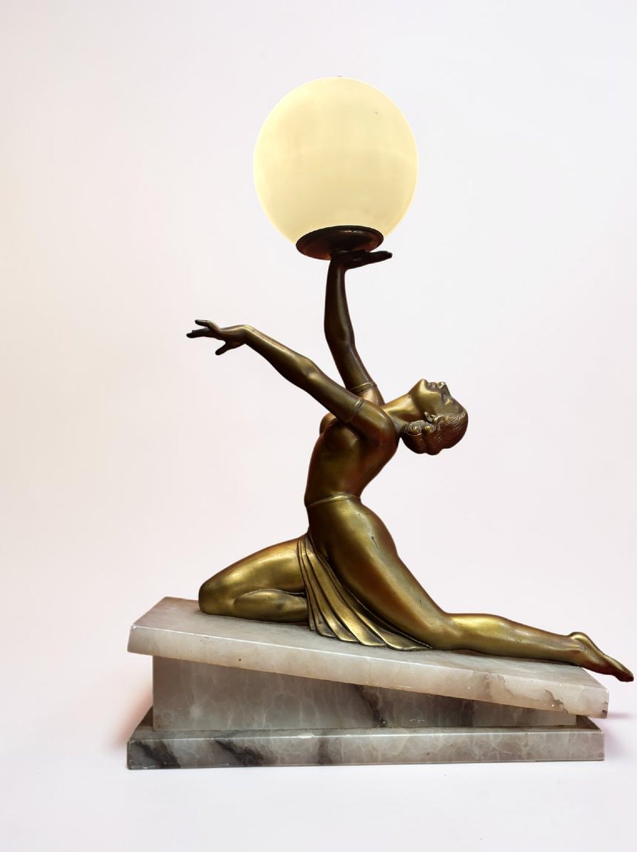 Art Deco "dancer With A Globe" Lamp, France, C. 1930-photo-3