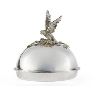 Franco Lapini - Large Oval Silver-plated Metal Dish With A Cloche, Depicting A Bird Of Prey With Outstretched Wings