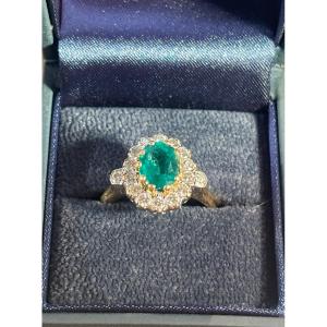 Bague marguerite émeraude et diamants, or 18k