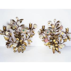 Pair Of 19th-century Two-arm Wall Sconces Made Of Chiseled And Gilded Metal With Foliage Motifs