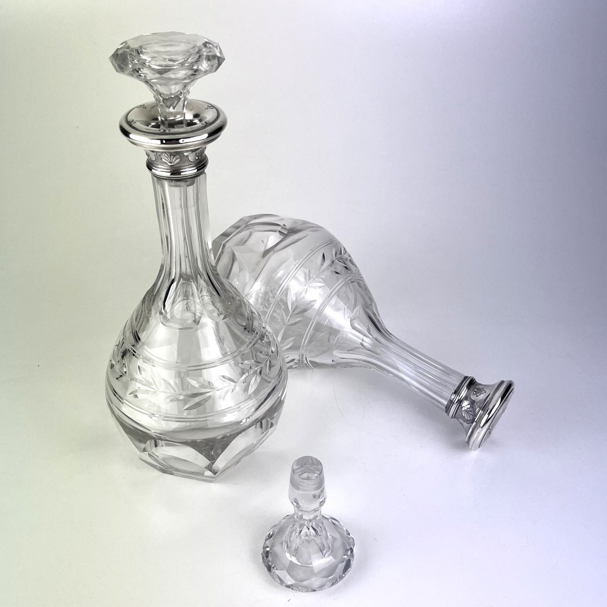 Pair Of Baccarat Crystal And Sterling Silver Decanters. Circa 1921 In Paris.-photo-4