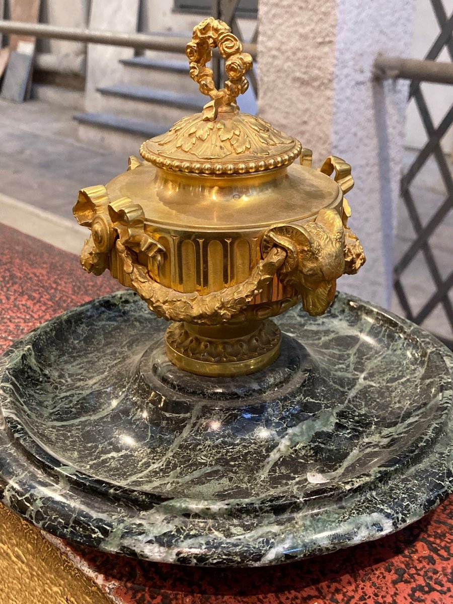 Encrier Bronze Doré Sur Socle Marbre -photo-3