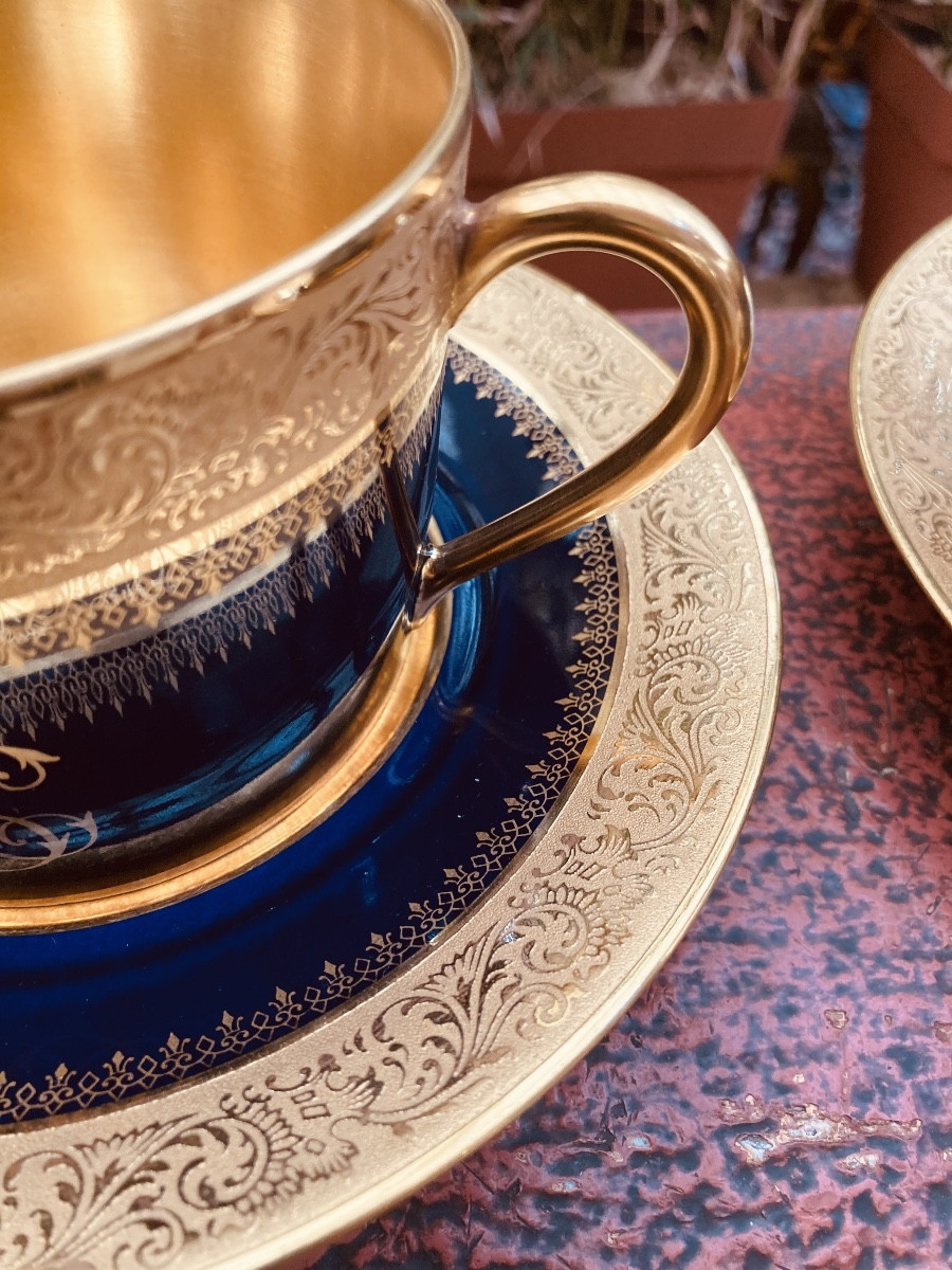 Pair Of Cobalt Blue And Gilt Limoges Chocolate Cups-photo-5