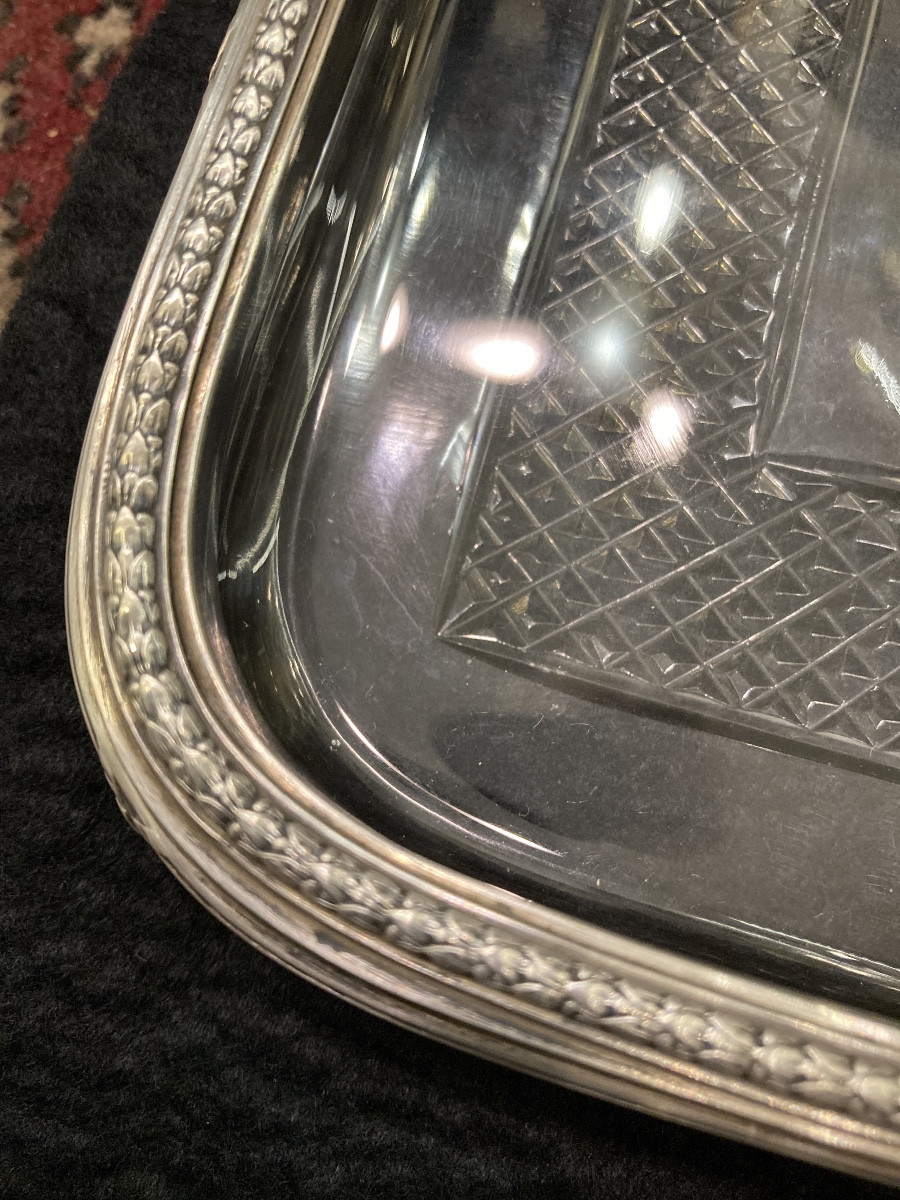 Plateau cristal cerclé argent massif Minerve Odiot -photo-3