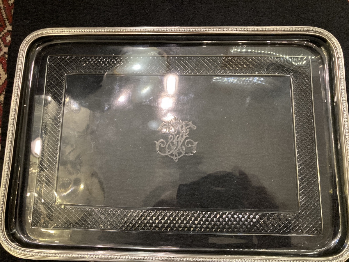 Plateau cristal cerclé argent massif Minerve Odiot 