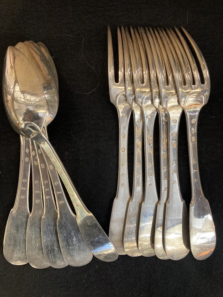 Set Of 6 Single-plate Cutlery Pieces With An Old Man Motif, In Perfect Condition. -photo-2