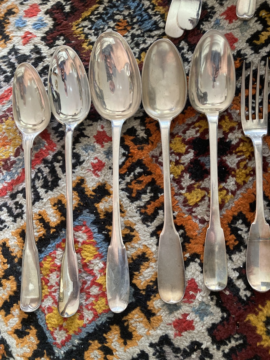 Lot à découvrir de pièces (cuillère à ragoût et fourchette)de service 18 e -photo-2