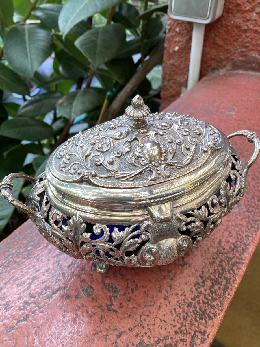 Minerve Crystal (cobalt Blue) And Solid Silver Sugar Bowl -photo-3