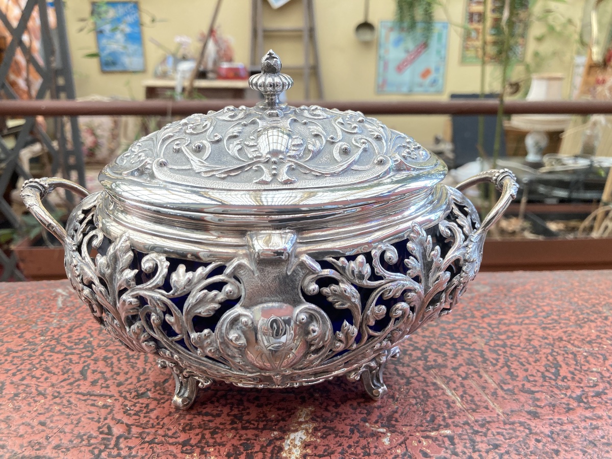 Minerve Crystal (cobalt Blue) And Solid Silver Sugar Bowl -photo-1