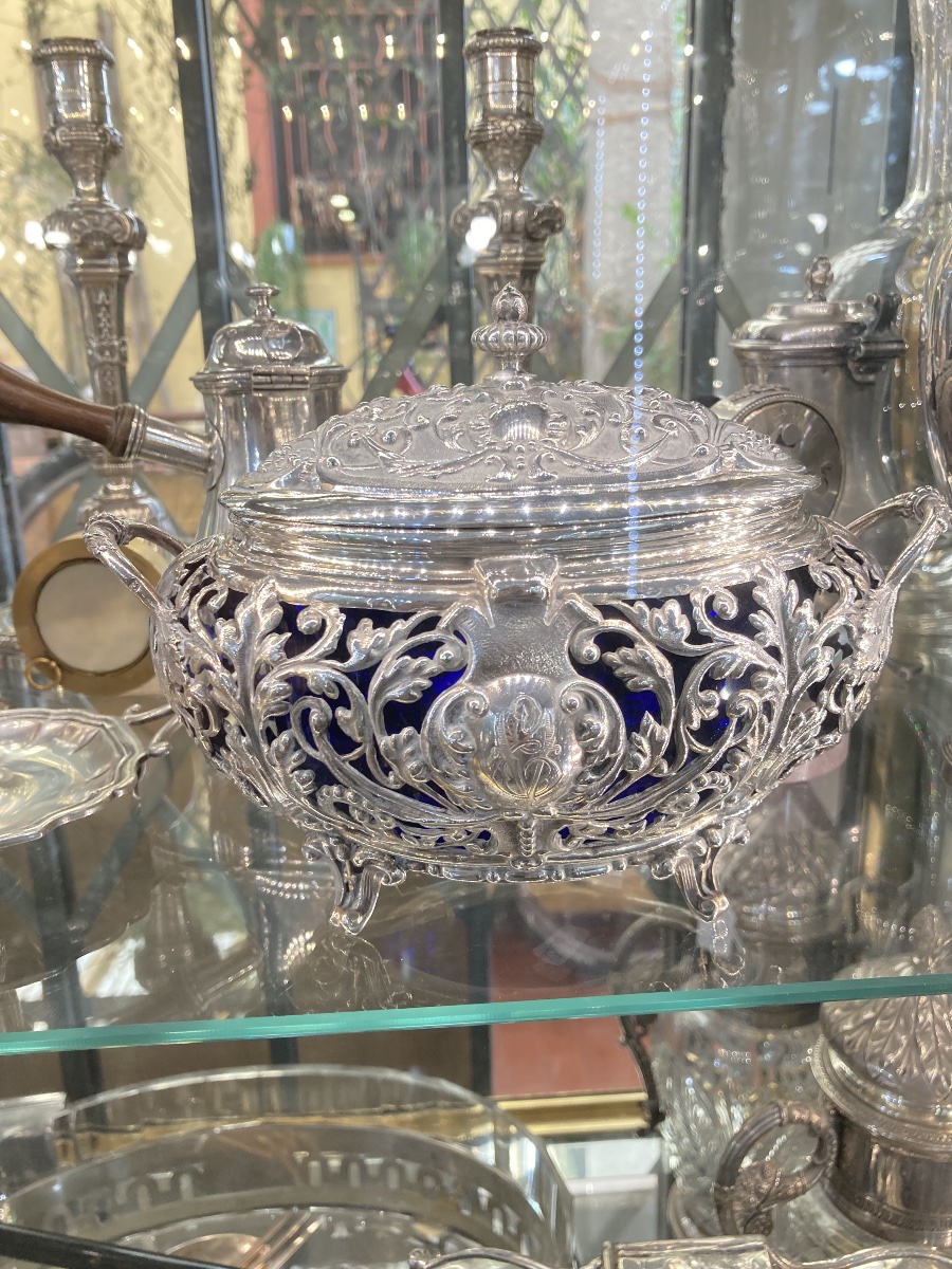 Minerve Crystal (cobalt Blue) And Solid Silver Sugar Bowl -photo-2