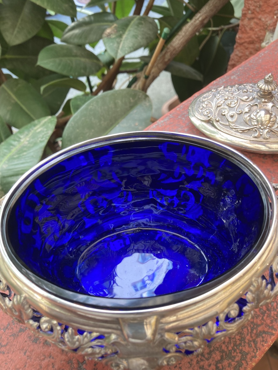 Minerve Crystal (cobalt Blue) And Solid Silver Sugar Bowl -photo-6