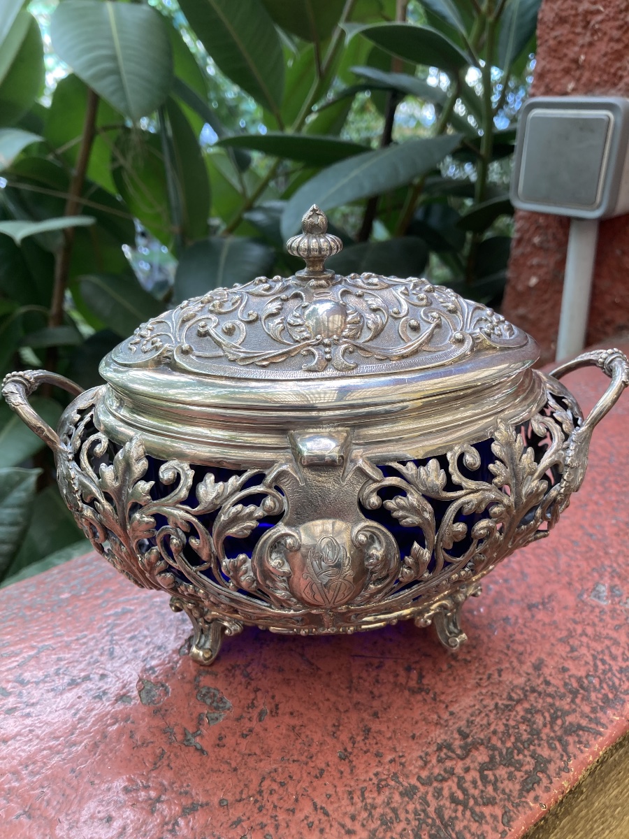 Minerve Crystal (cobalt Blue) And Solid Silver Sugar Bowl 