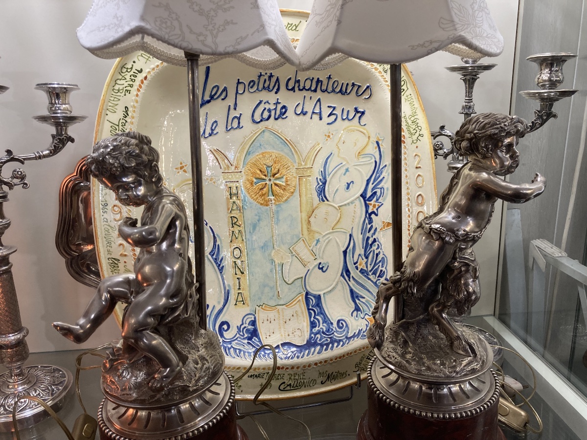 Bronze Baby Figurine Mounted As A Lamp With Lampshades-photo-3
