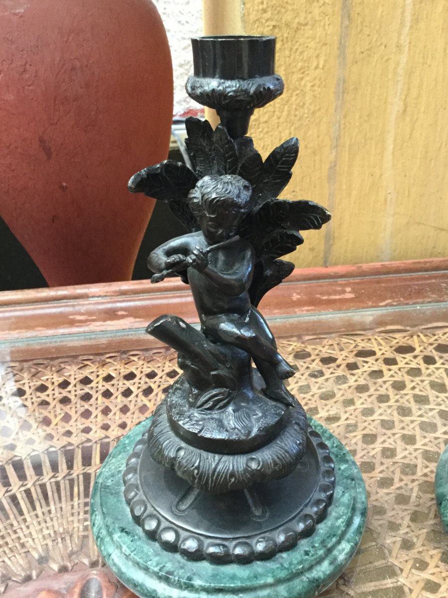 Pair Of Candlesticks Patinated Bronze Cherub-photo-3