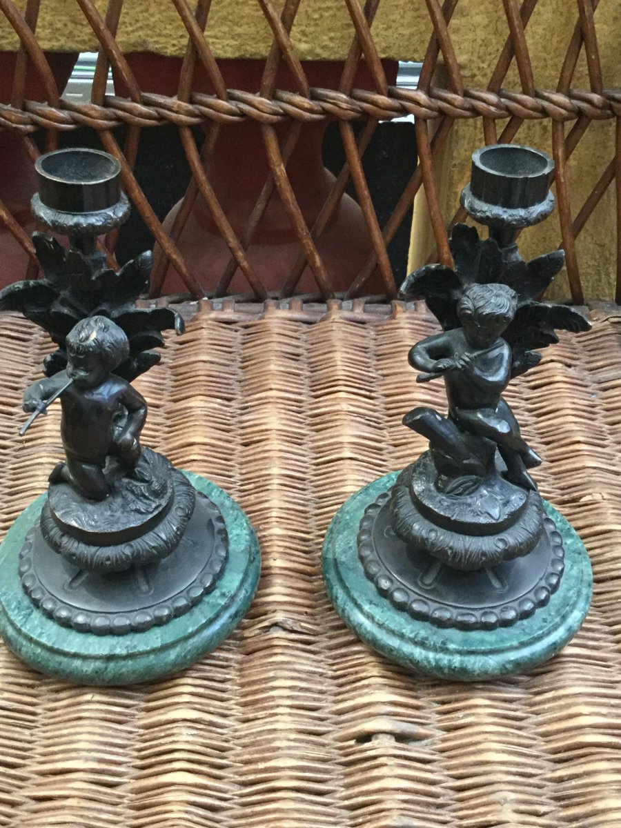 Pair Of Candlesticks Patinated Bronze Cherub-photo-4