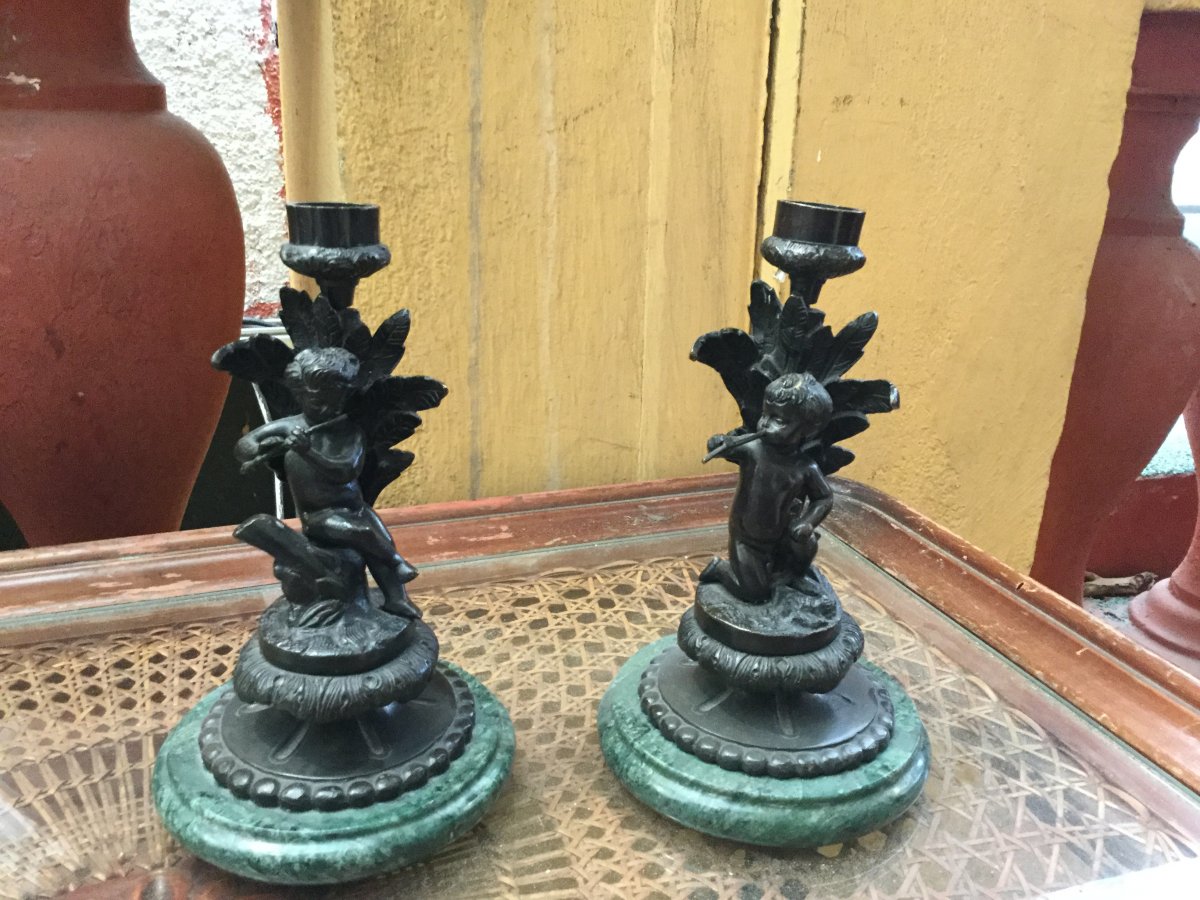 Pair Of Candlesticks Patinated Bronze Cherub