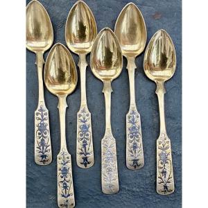 Set Of 6 Small Russian Spoons In Gilt And Nickle