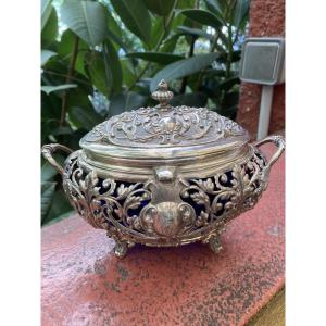 Minerve Crystal (cobalt Blue) And Solid Silver Sugar Bowl 