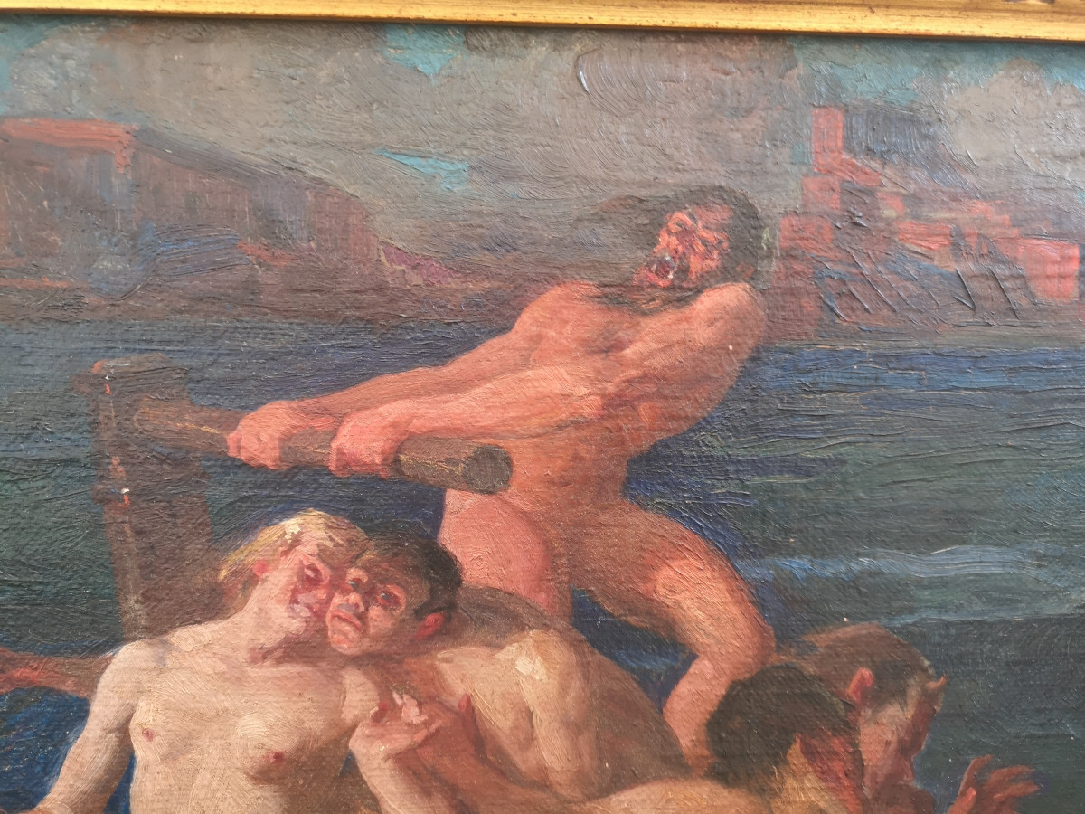 Jose Segrelles (1885-1969) "la Barque De Charon" 51x69 Cm Huile Sur Toile -photo-3