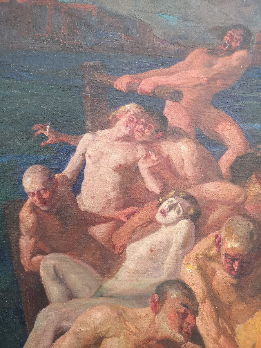 Jose Segrelles (1885-1969) "la Barque De Charon" 51x69 Cm Huile Sur Toile -photo-3