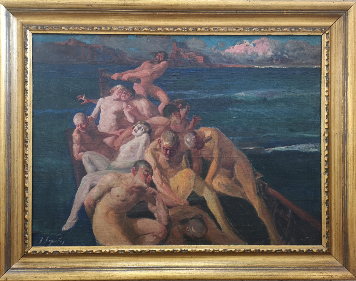 Jose Segrelles (1885-1969) "la Barque De Charon" 51x69 Cm Huile Sur Toile 