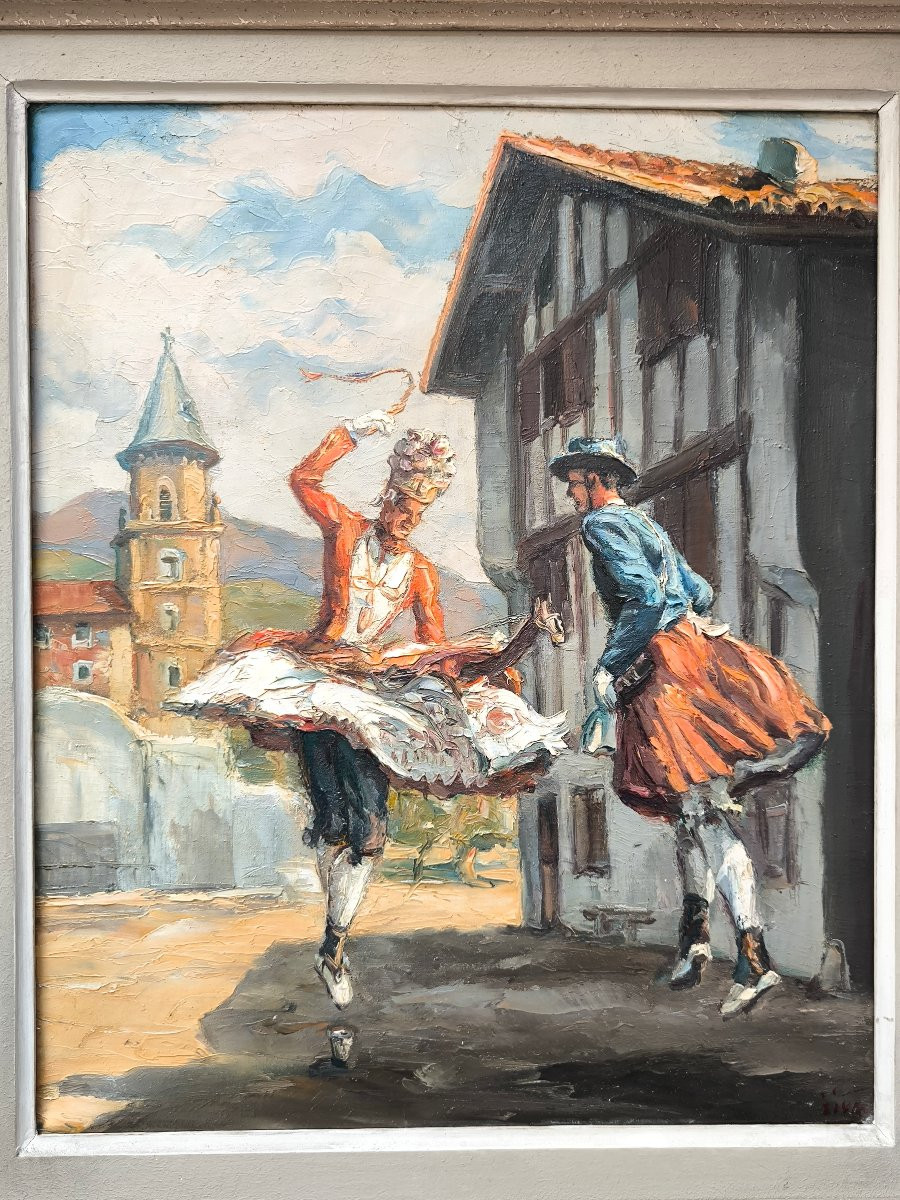 JIVA (1907-1974) "Danseurs Basques- La danse du verre" HST signée et titrée au dos 46x38 cm-photo-2