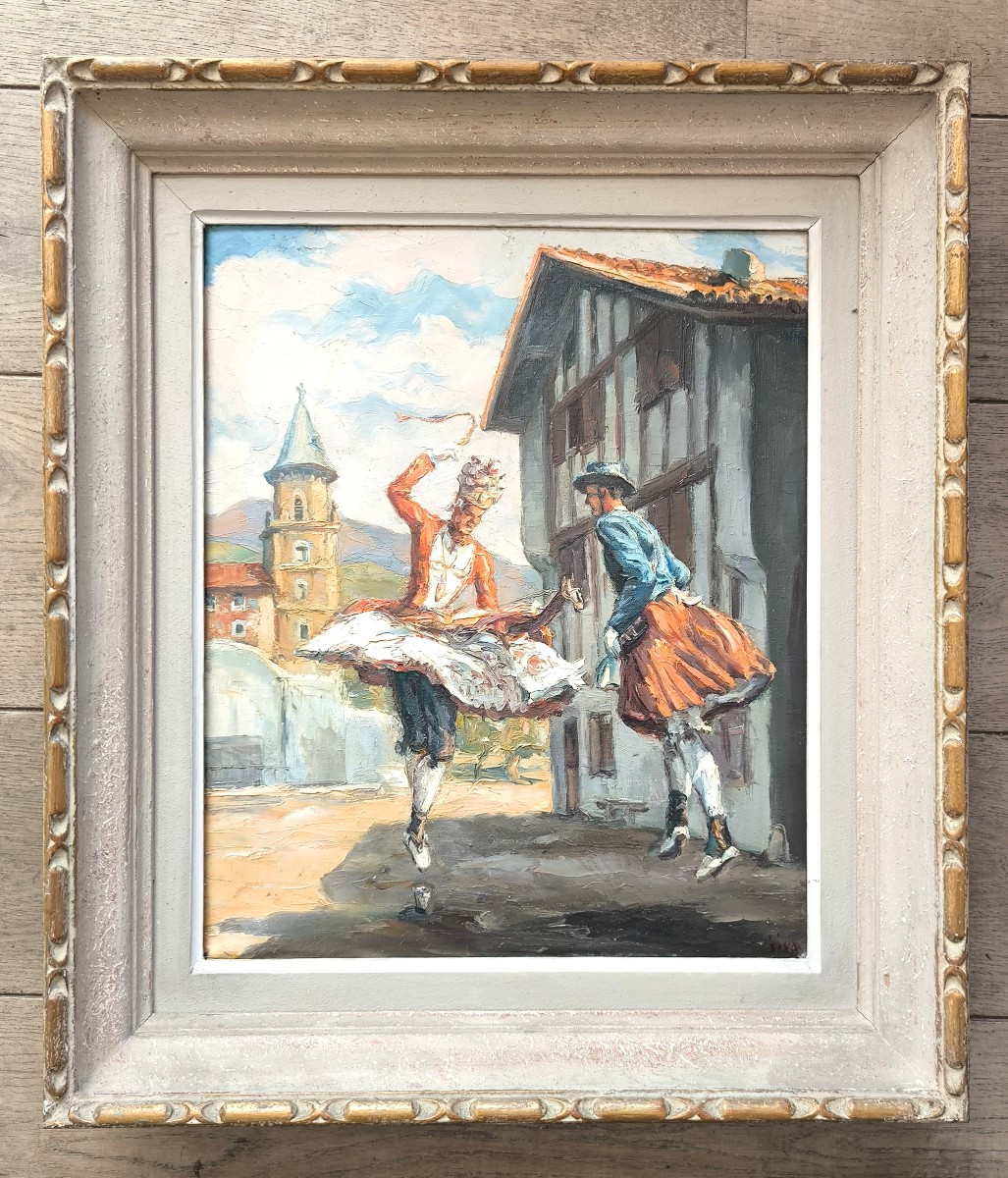 JIVA (1907-1974) "Danseurs Basques- La danse du verre" HST signée et titrée au dos 46x38 cm