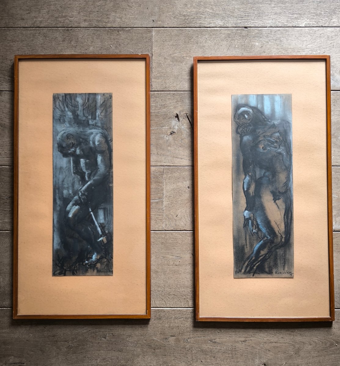 György Ruzicskay, Hungarian Painter (1896–1993), 72x37 Cm, A Pair Of Charcoal Drawings 