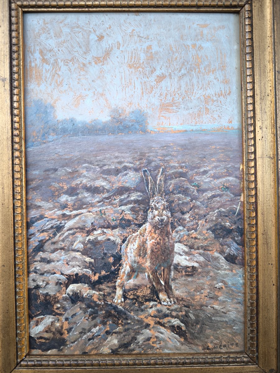 Edouard Paul Mérite (1867-1941) "le lièvre dans le champ"  hsc 27x17 cm-photo-2