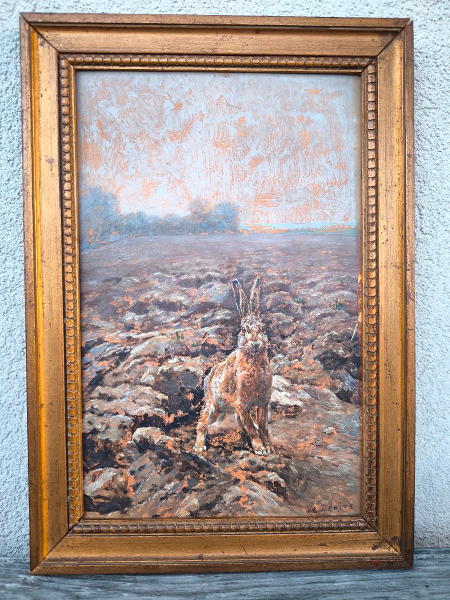 Edouard Paul Mérite (1867-1941) "le lièvre dans le champ"  hsc 27x17 cm