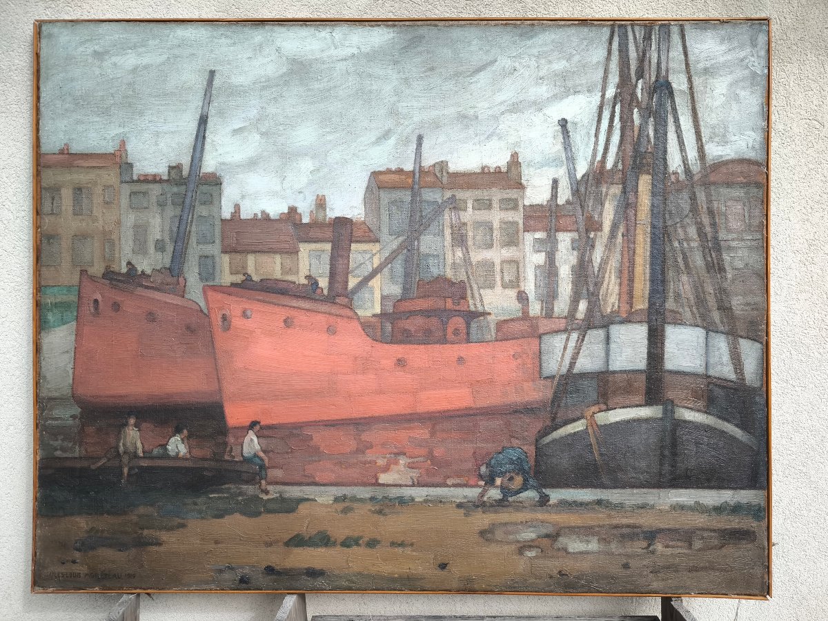 Jules Louis MORETEAU (1886-1956) "Un coin du port La Rochelle"1919 hst 78x100 cm
